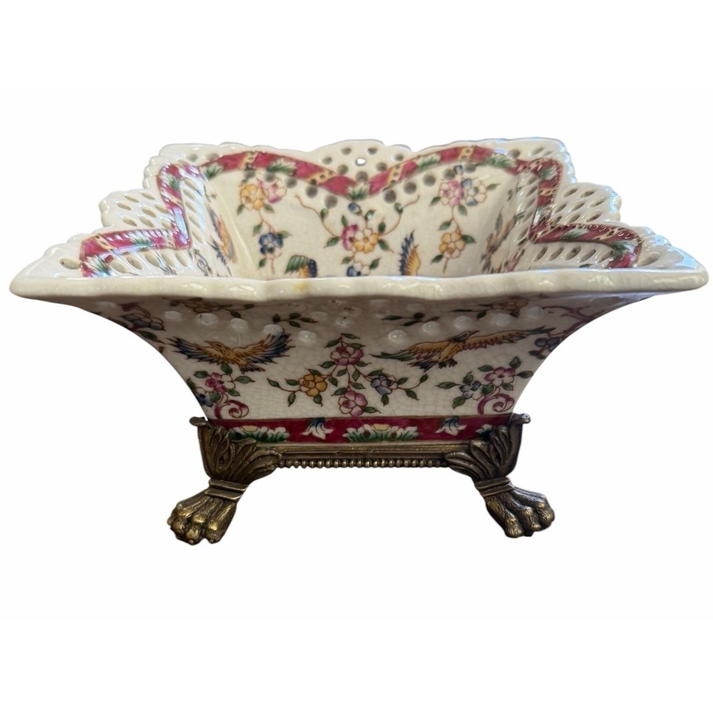 Vintage Painted Wong Lee 1895 Bronze Mounted Crackle Glaze Dish 8x8 Floral Birds